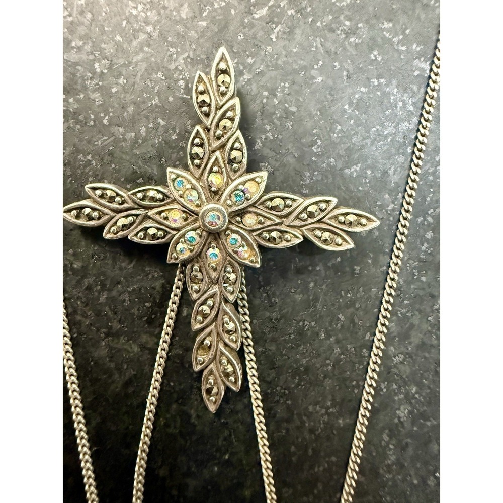 Sterling Silver Marcasite Cross Necklace 925 Thailand‎ Pendant 18" Italy Chain